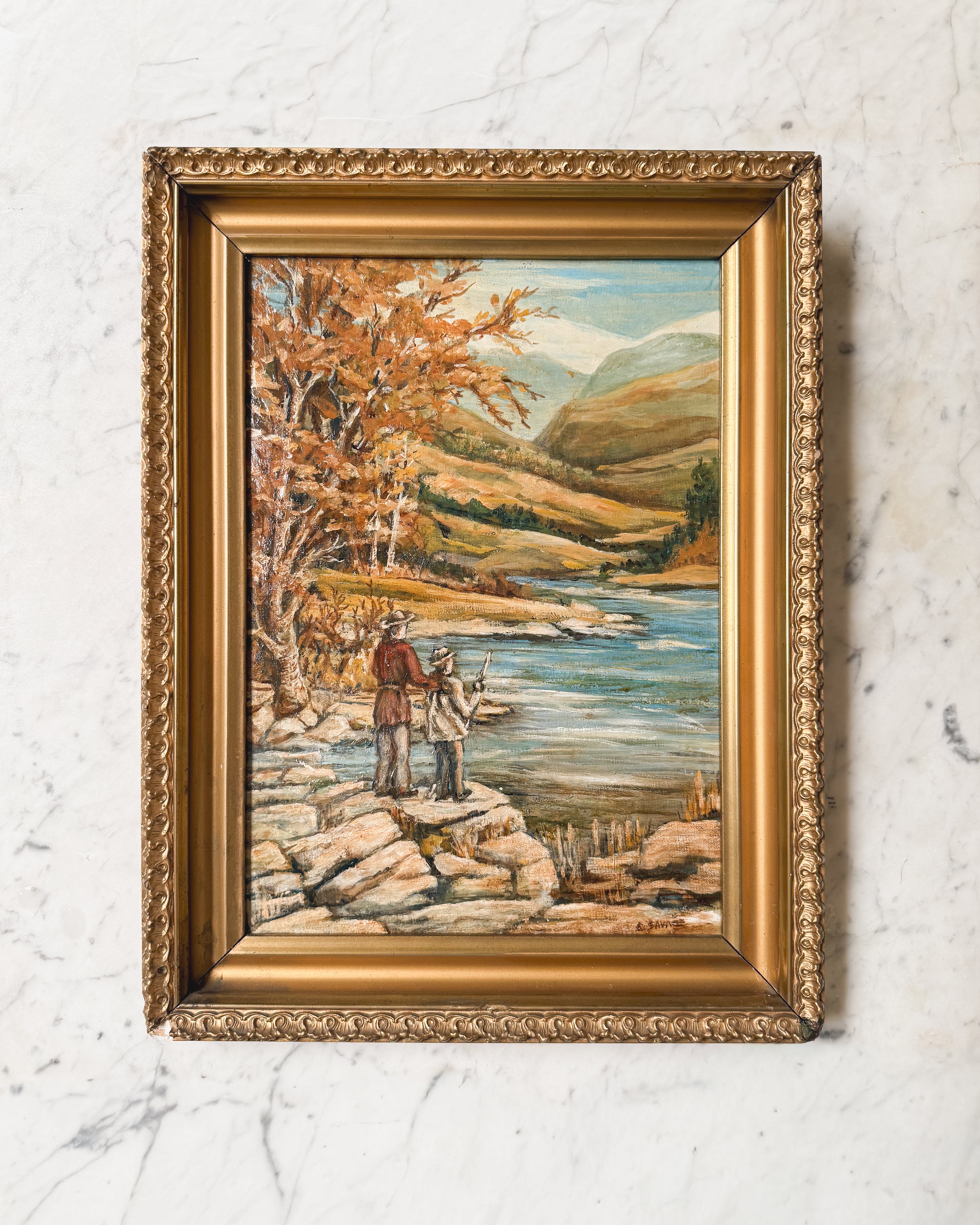 Antique Autumn Landscape Oil Painting
