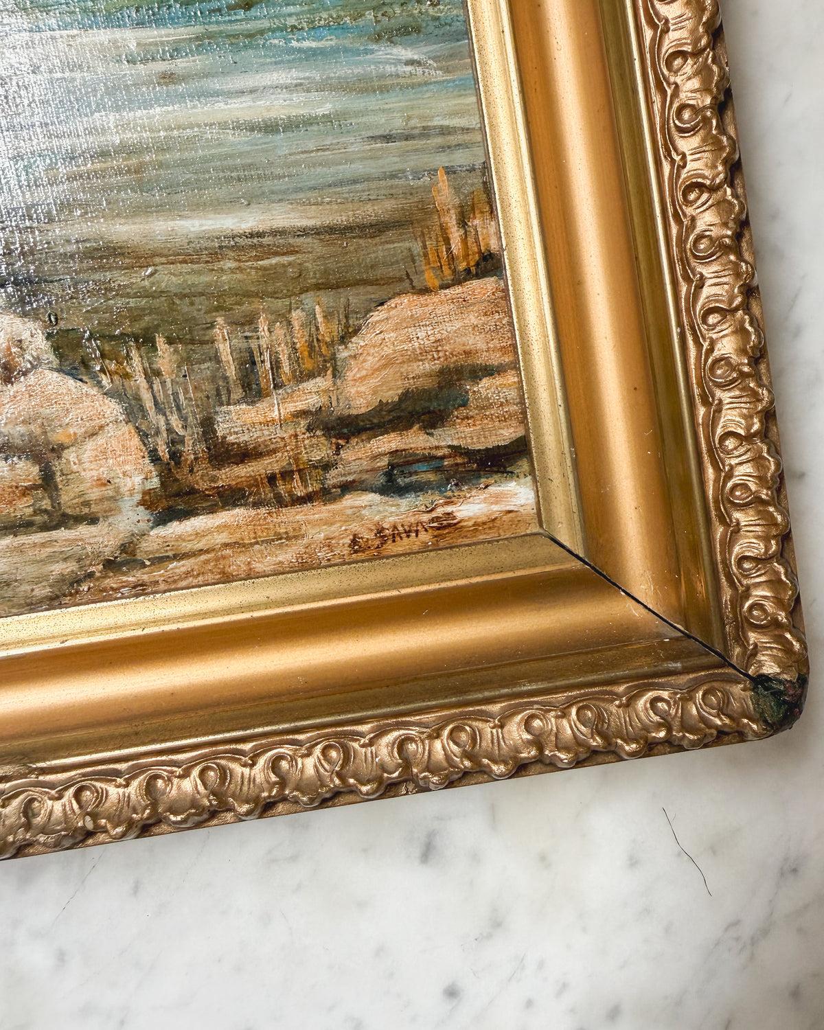 Antique Autumn Landscape Oil Painting
