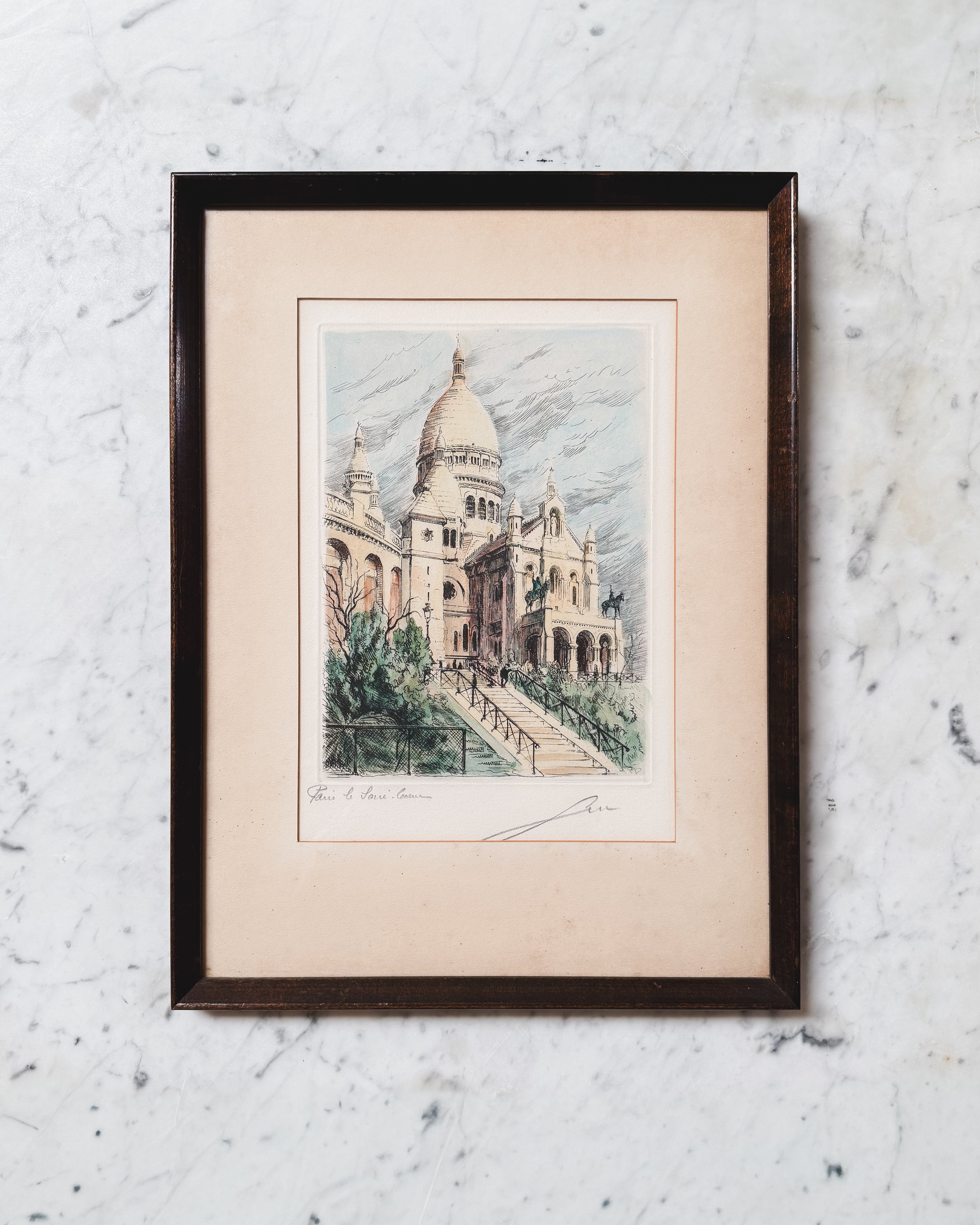 Early Vintage French Hand Colored Etching