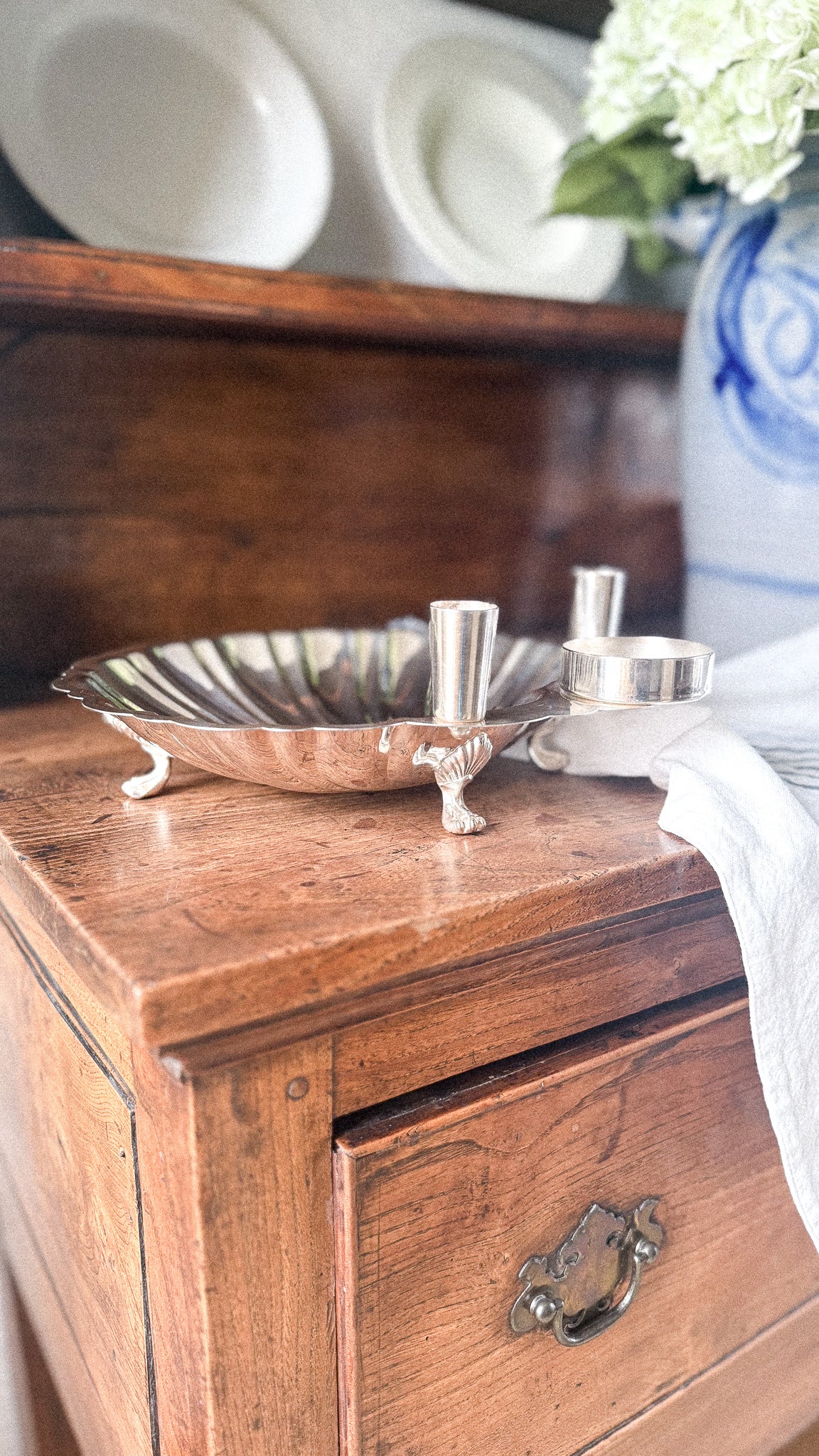 Vintage Silver Shell Dish with Candle Holders