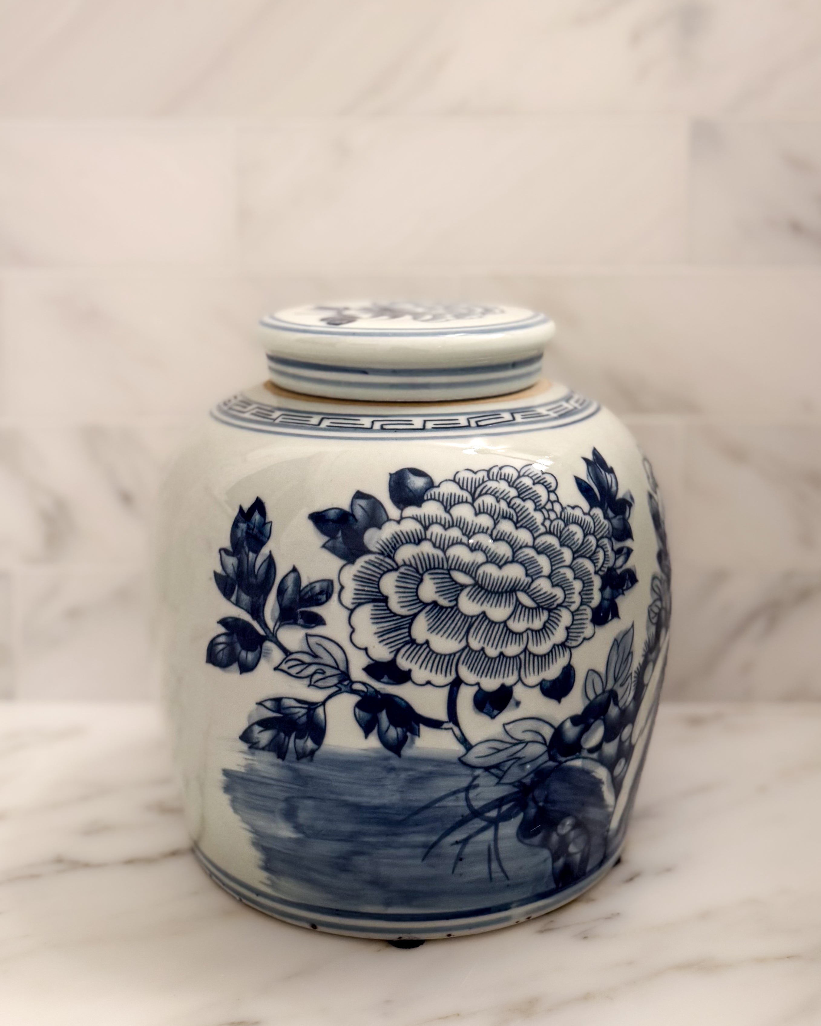 Blue Peony Porcelain Lidded Ginger Jar