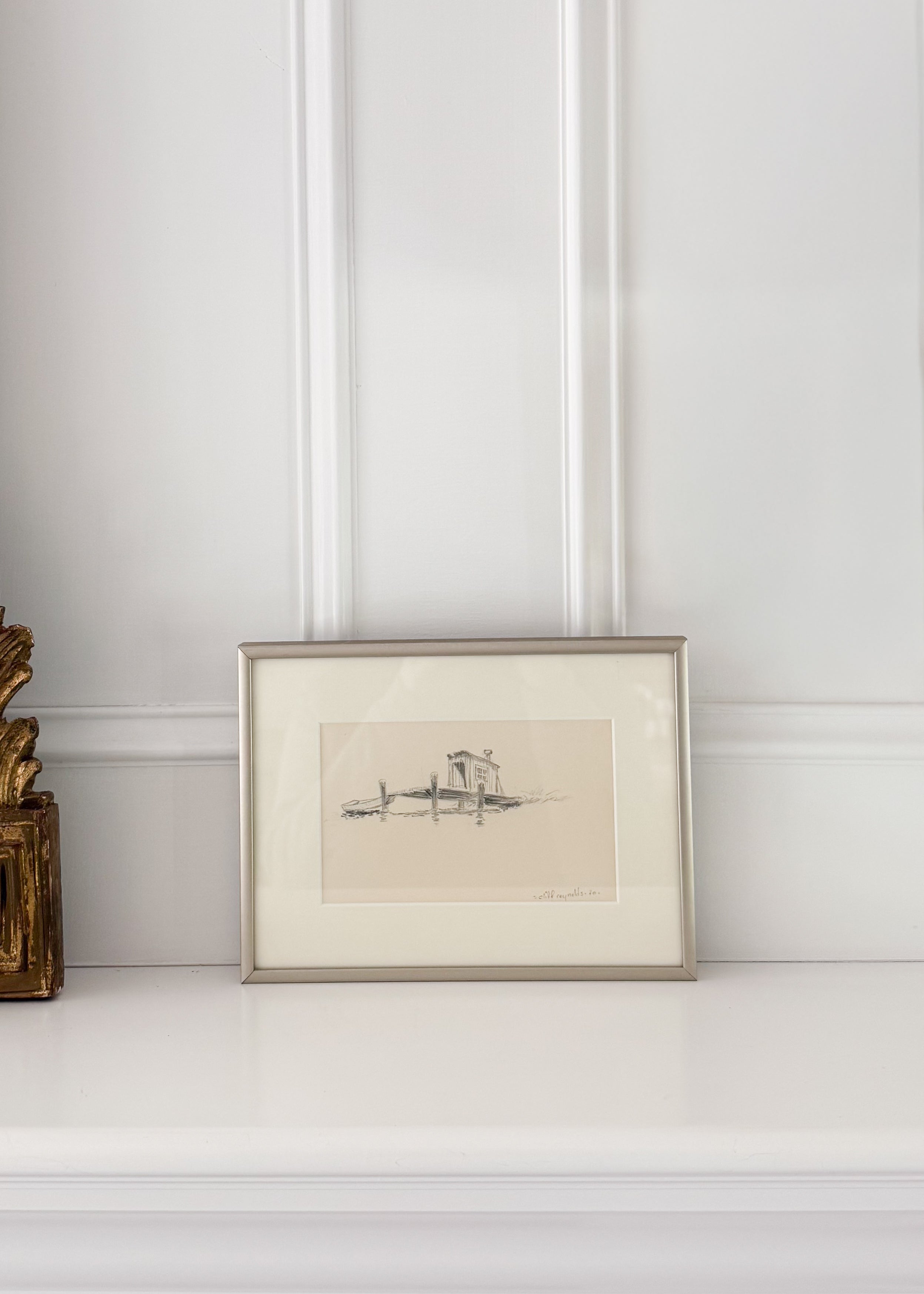 Vintage American Pencil Drawing of Boathouse