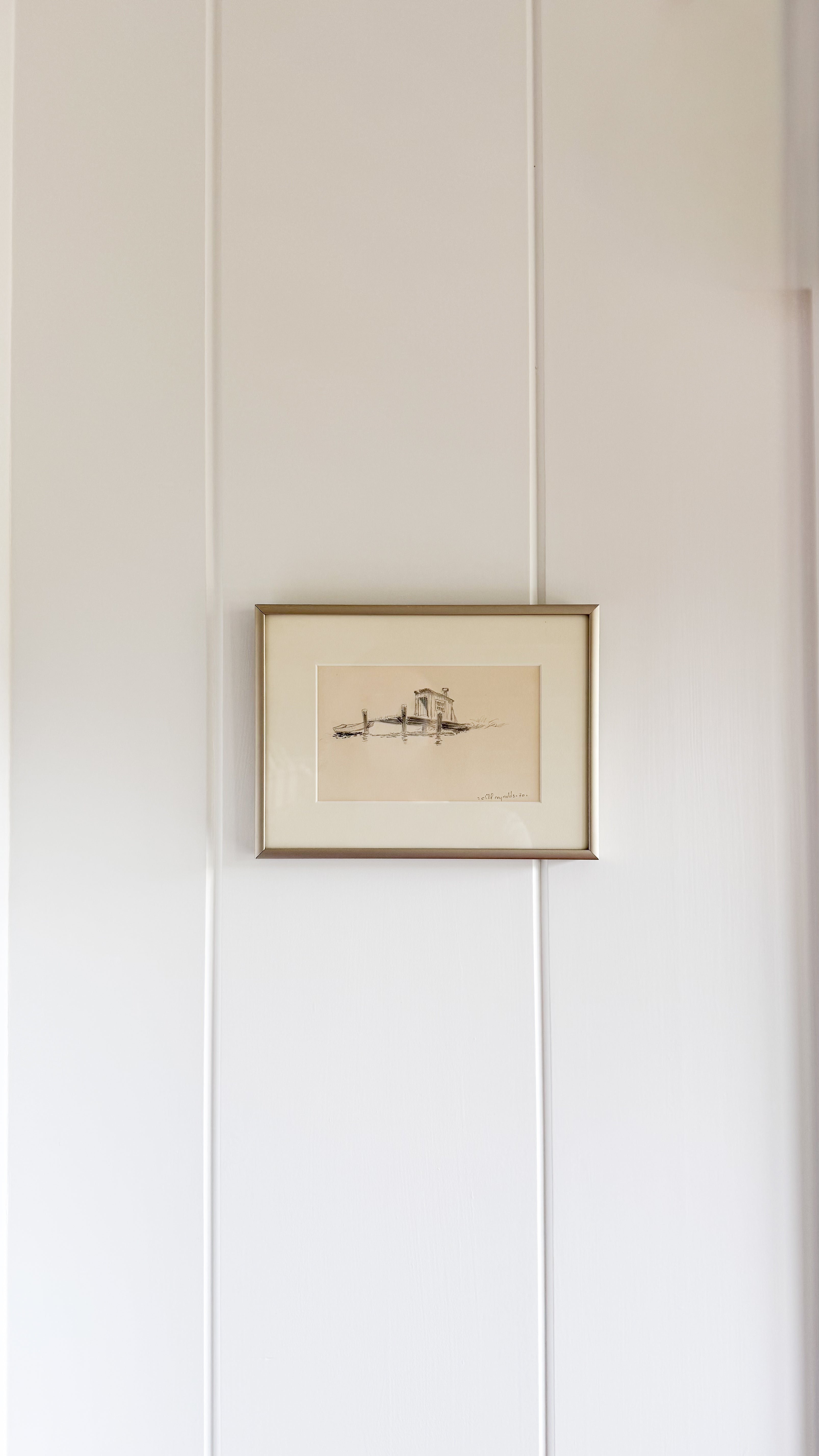 Vintage American Pencil Drawing of Boathouse