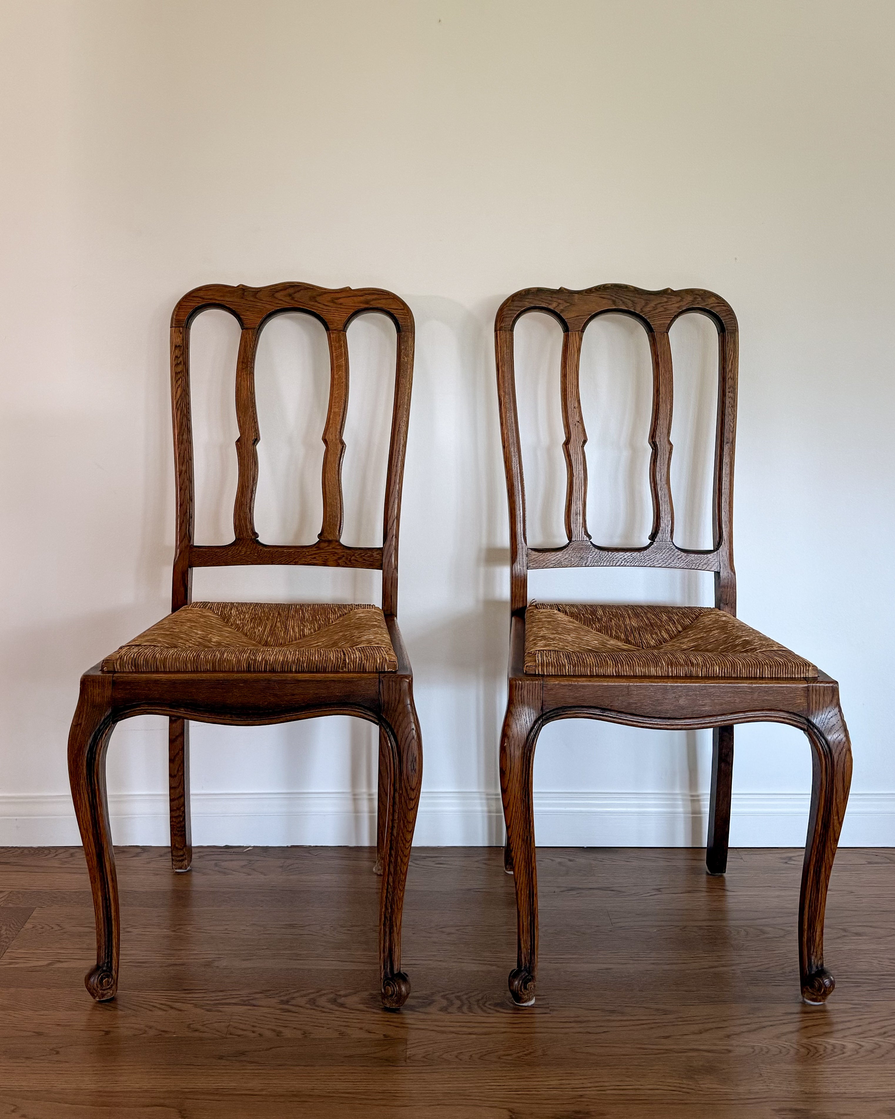 Pair of Antique French Oak Chairs with Rush Seat