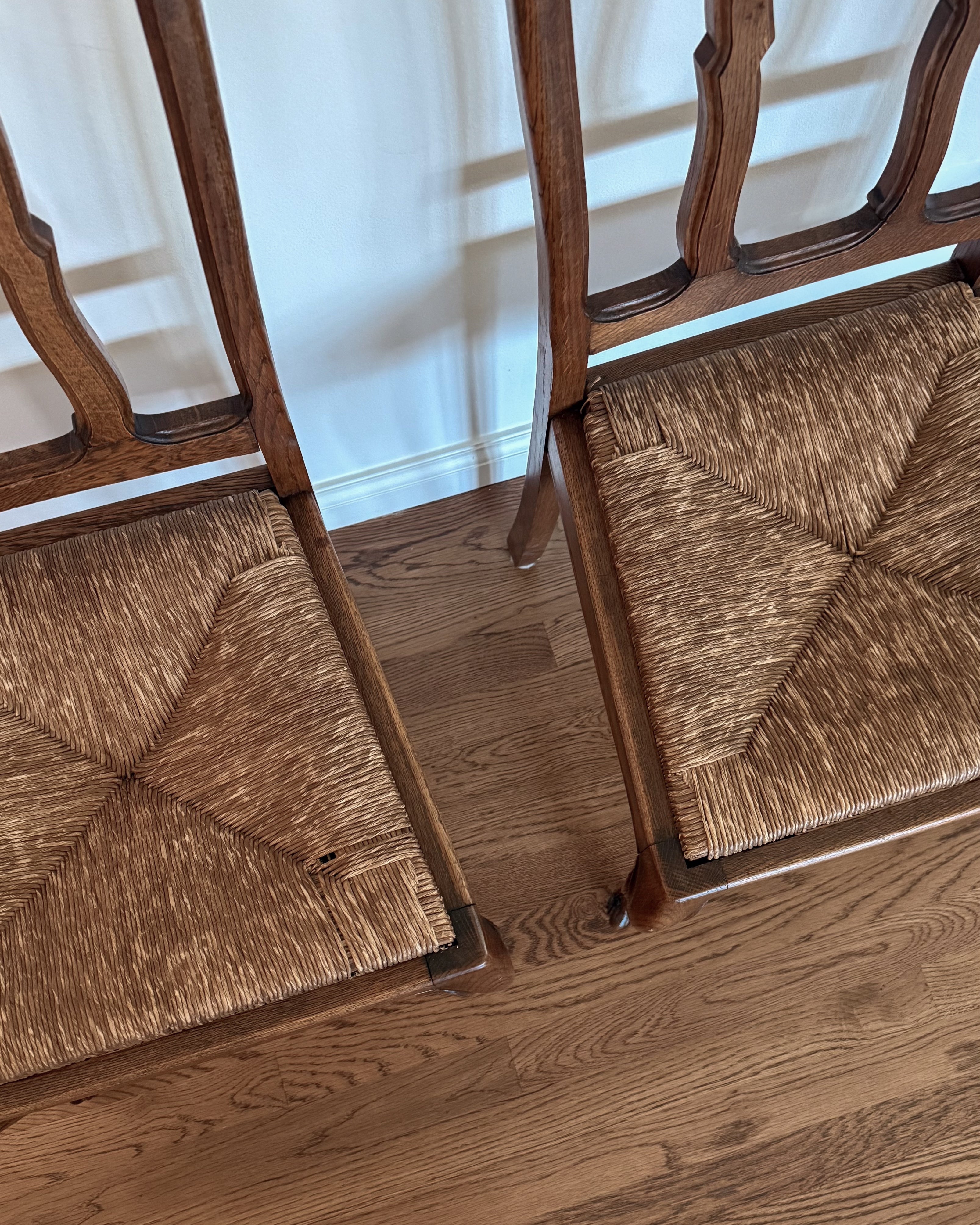 Pair of Antique French Oak Chairs with Rush Seat