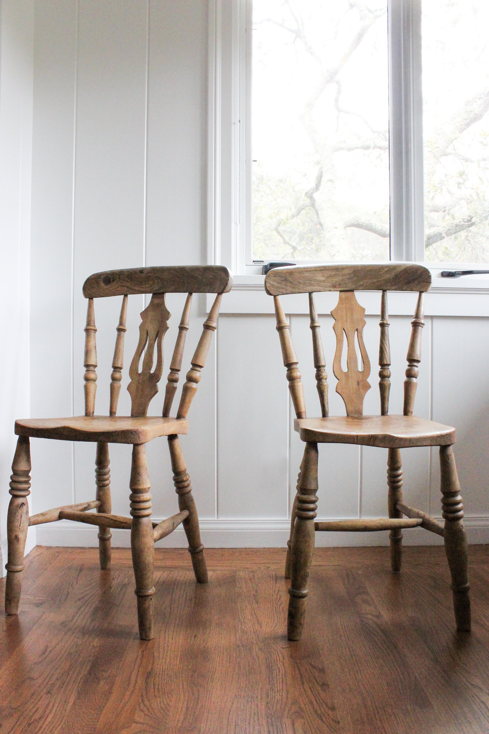 Set of 4 Raw Wood Antique Plank Seat Dining Chairs, 1850’s