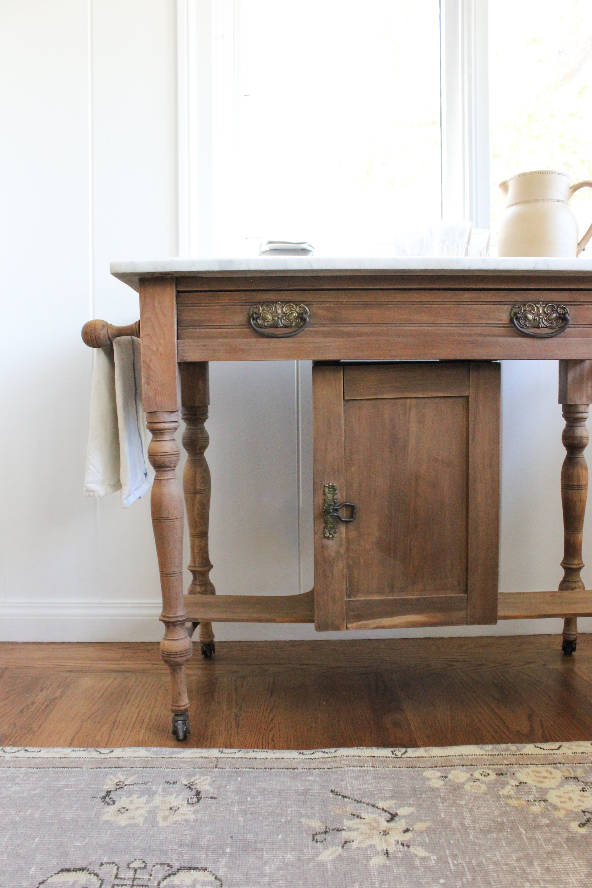 Antique Marble Bar Cart in Raw Wood