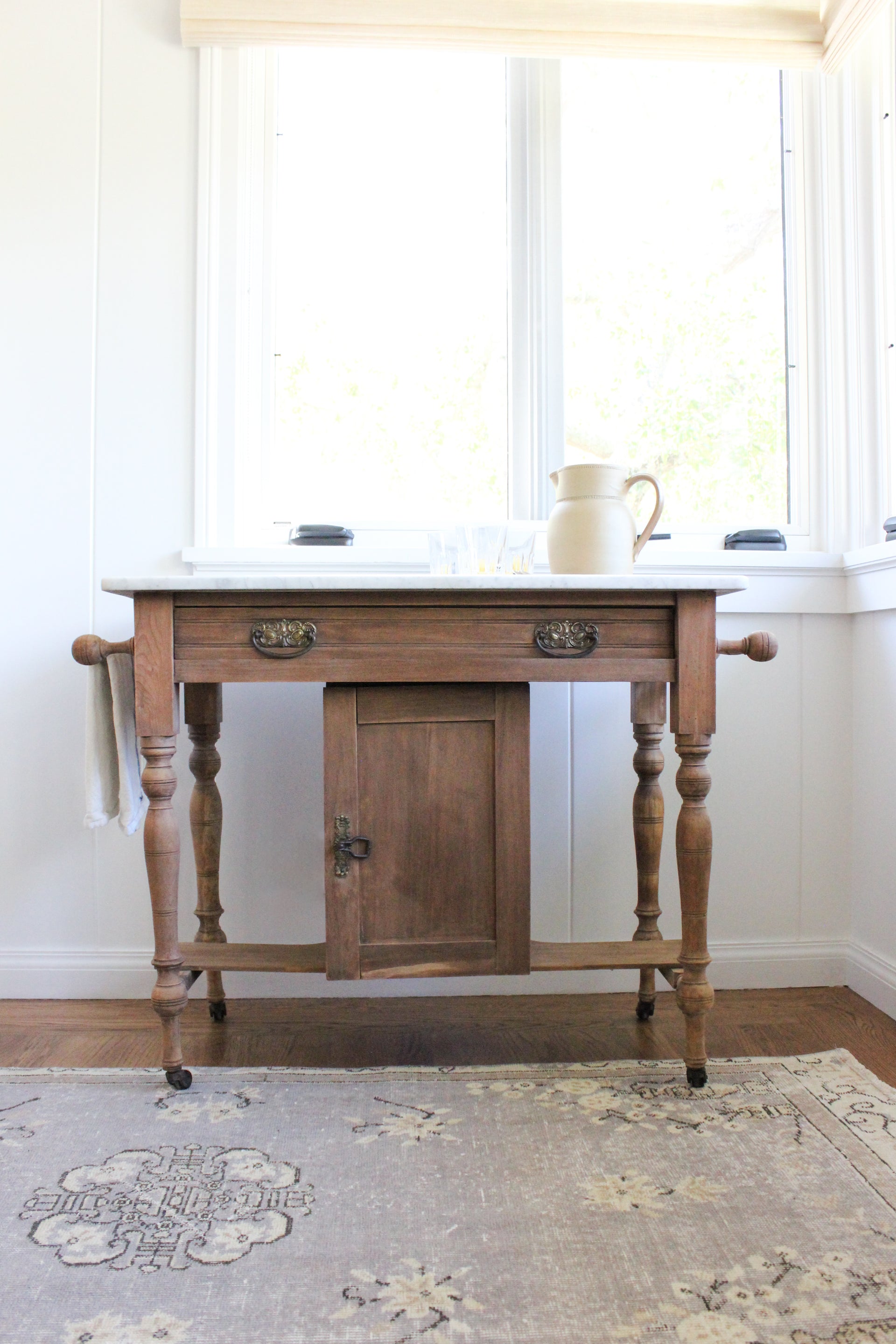 Antique Marble Bar Cart in Raw Wood