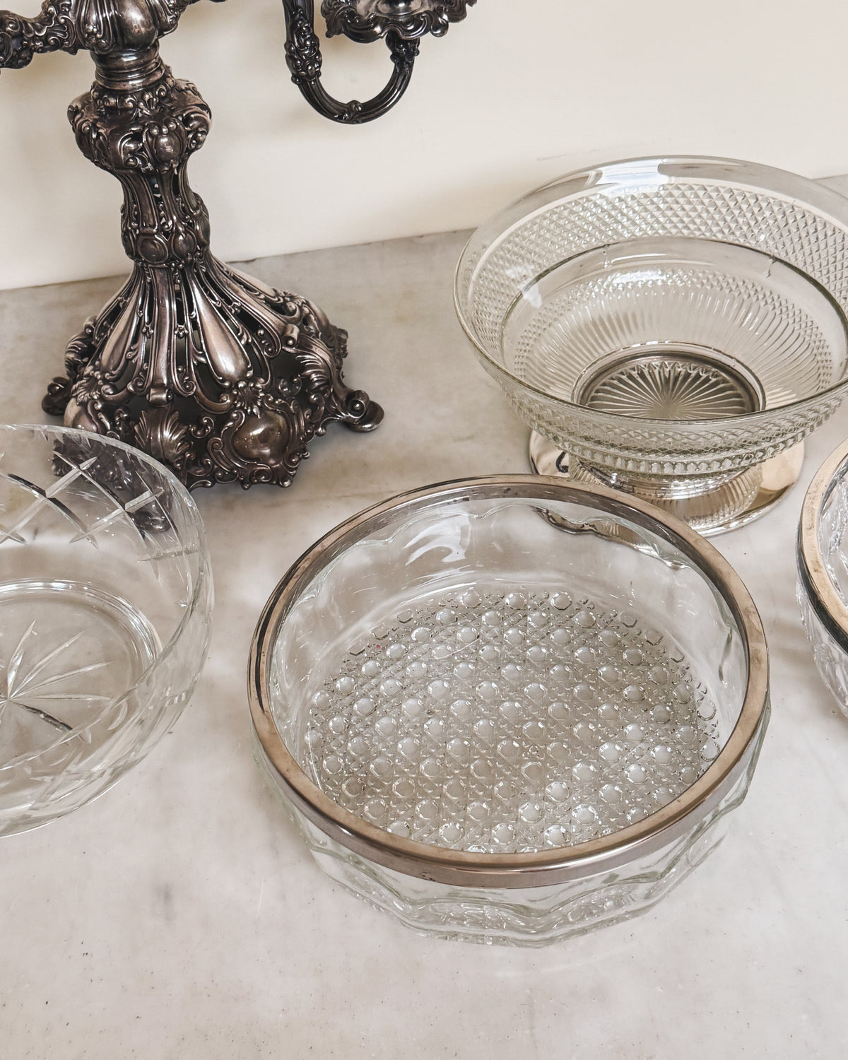 Vintage English Glass & Silver Pedestal Bowl