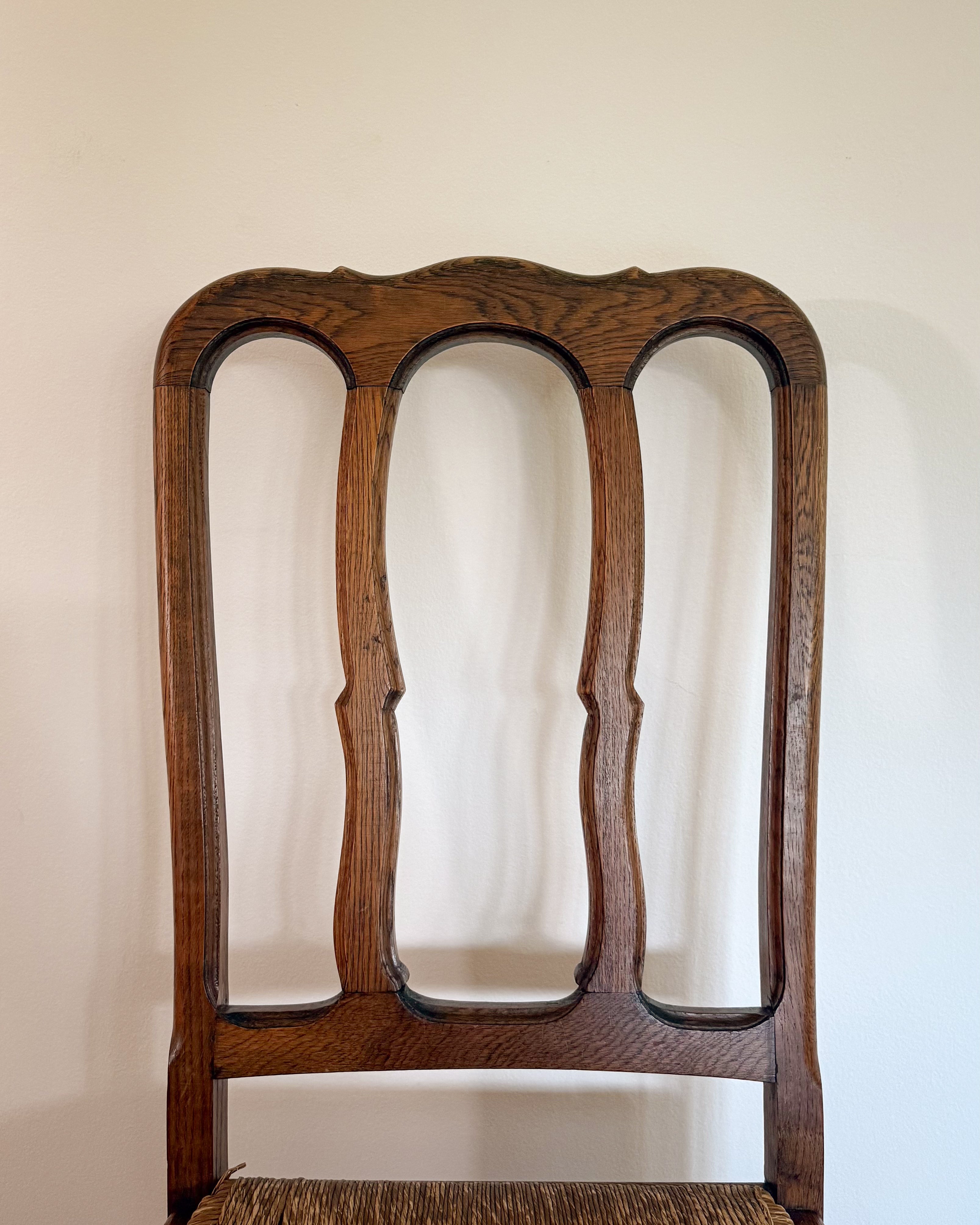 Pair of Antique French Oak Chairs with Rush Seat