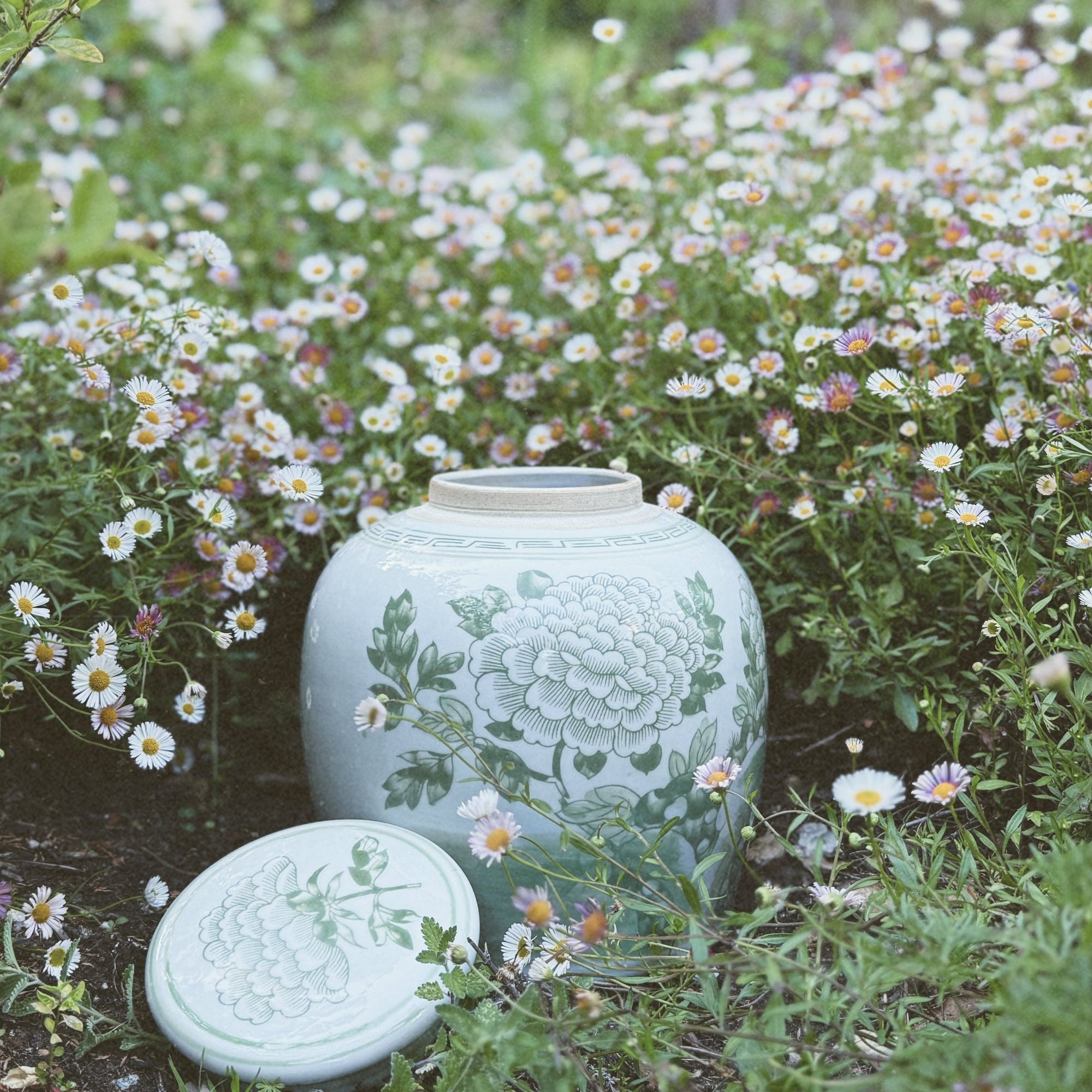 Green Peony Porcelain Lidded Ginger Jar