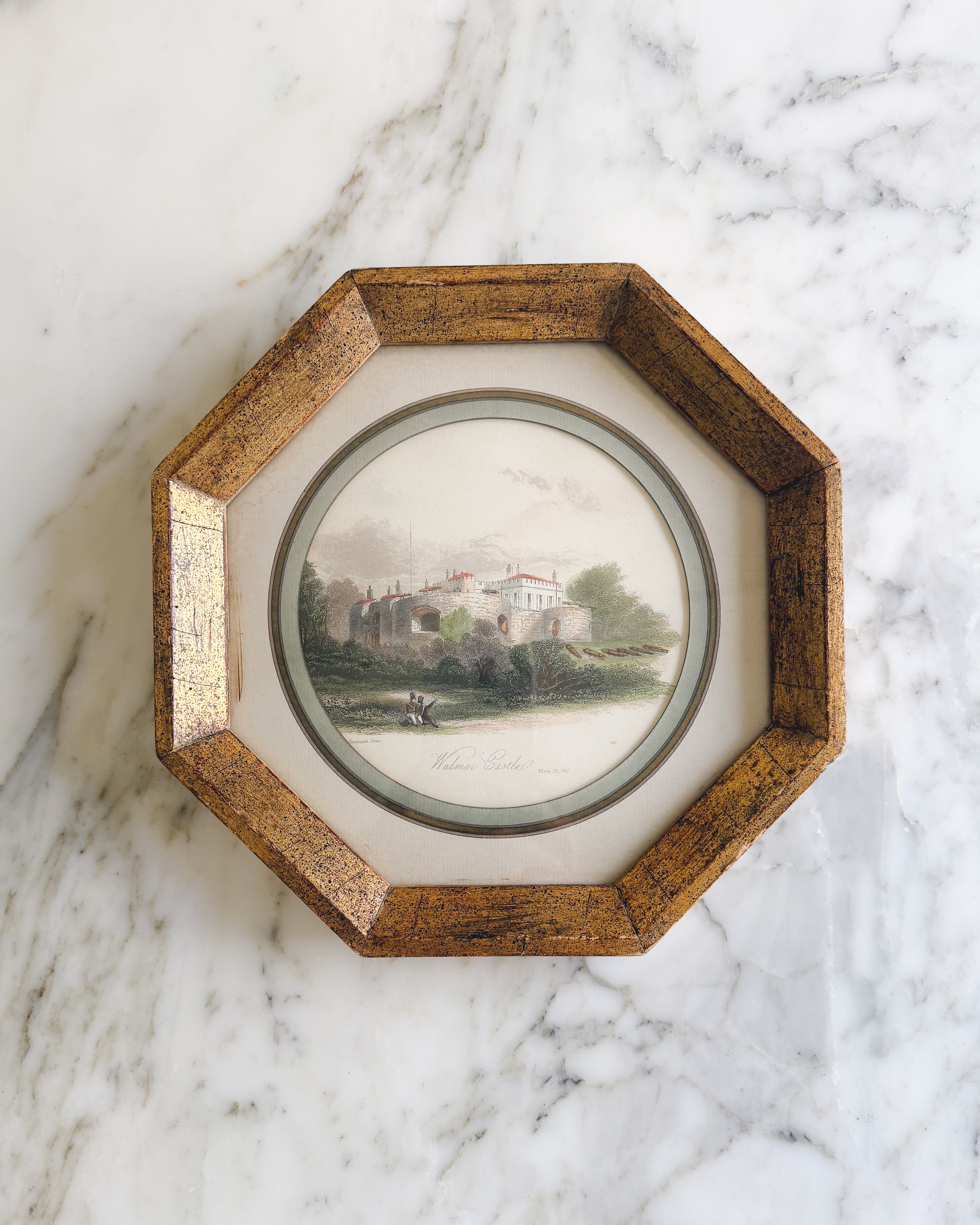 Antique hand-colored Walmer Castle engraving in an octagonal gold gilt frame, England, dated 1841.