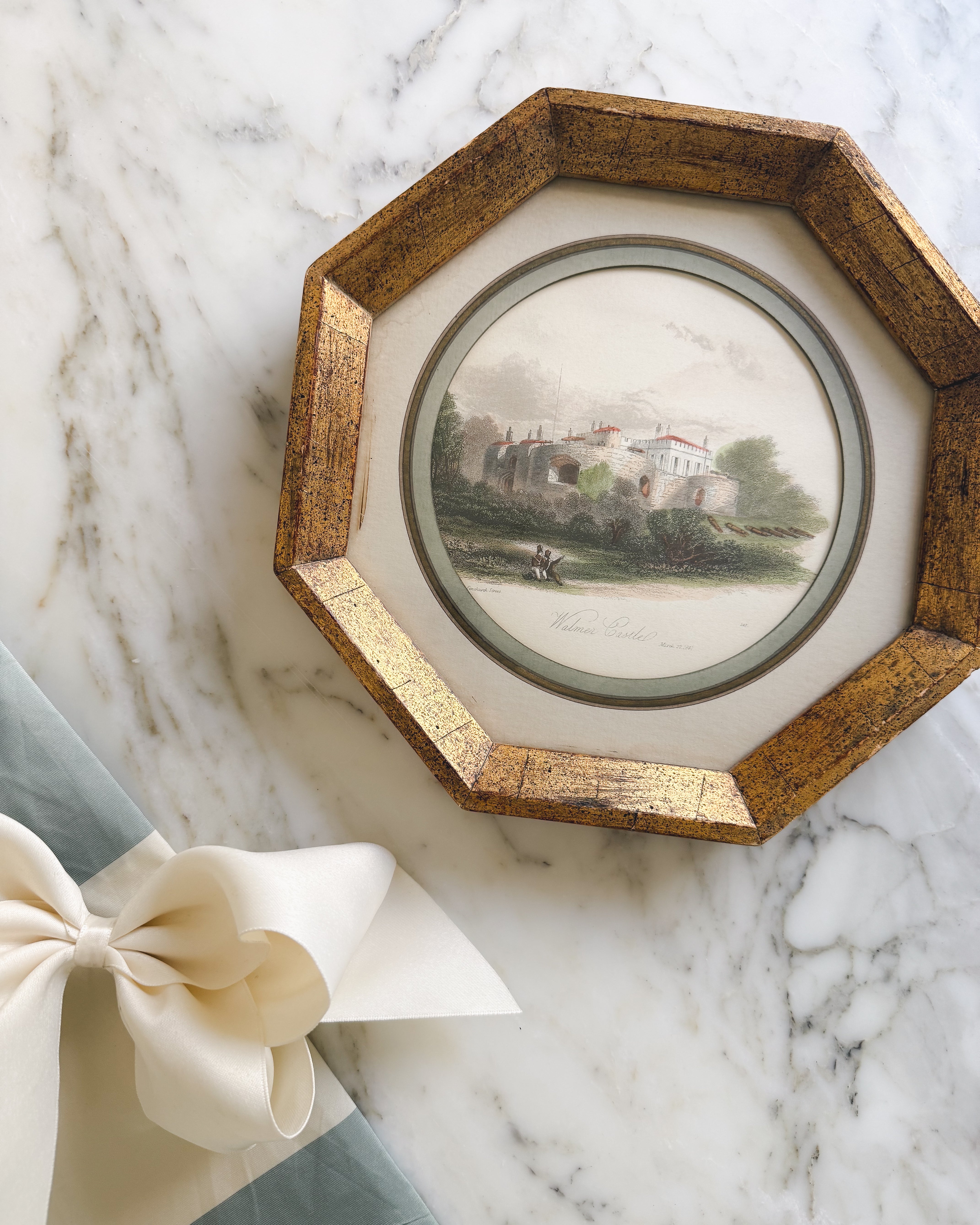 Antique hand-colored engraving of Walmer Castle, England, dated 1841, in an octagonal gilt gold frame with a sage green mat.