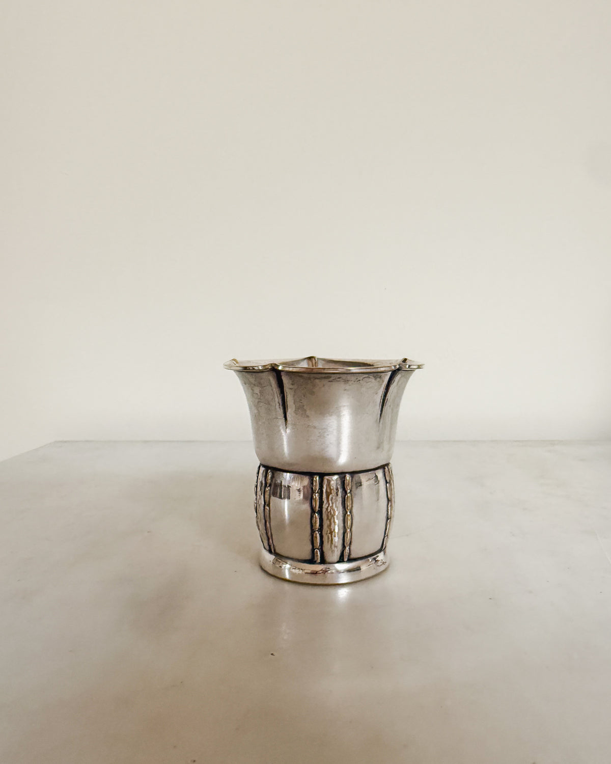 Vintage silver plate petite cup with paneled detail and scalloped rim
